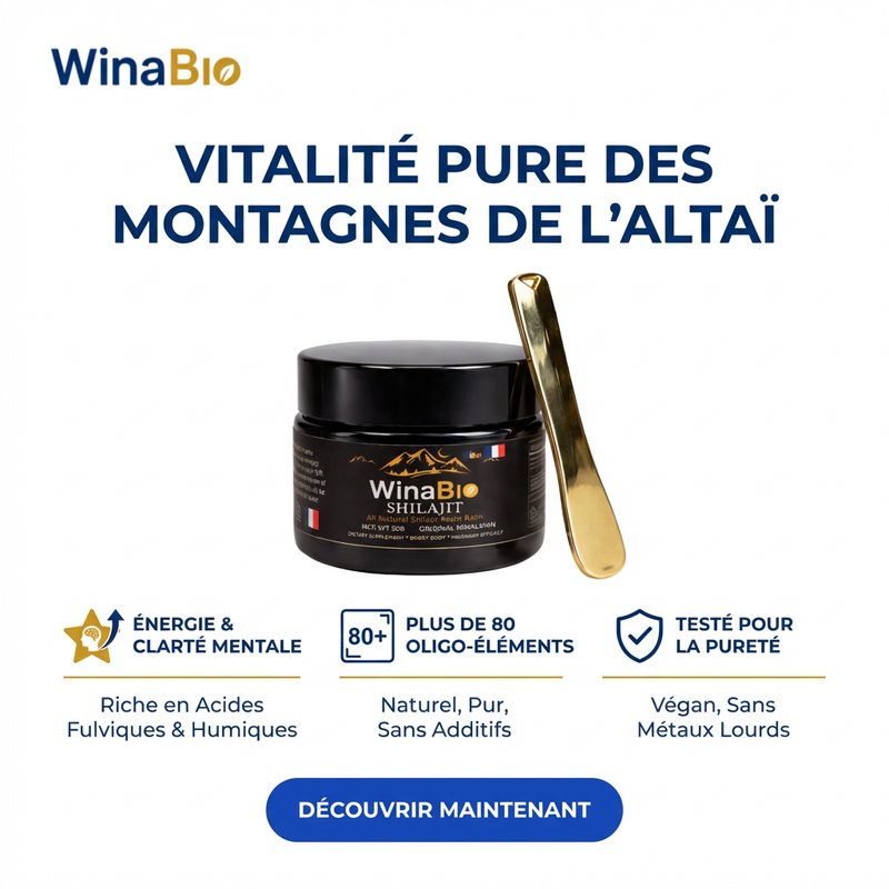 Shilajit résine WinaBio - spatule en bois et dosage